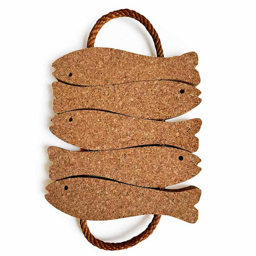 Natural cork fish trivet with rope handles